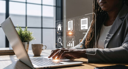 Real estate agent using laptop with overlay showing icons of house, digital contracts, valuation chart and checklist. Online property management, inspection and real estate transactions