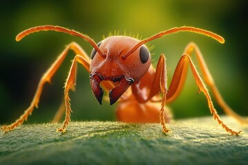 Naklejka premium Close-up of an orange ant with detailed antennae and mandibles standing on green leaf with blurred natural background
