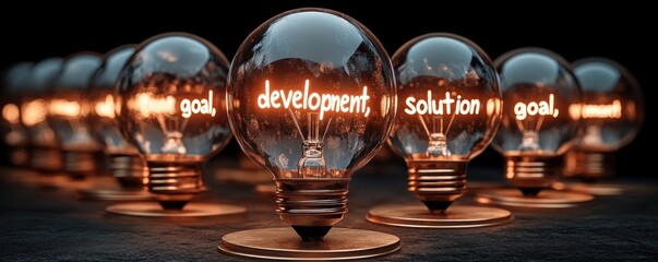 Row of illuminated incandescent light bulbs with glowing words like development, solution, and goal symbolizing innovation and progress