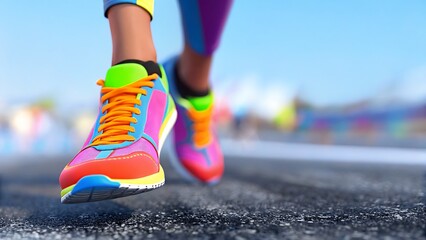 Close up of colorful running shoes on a person jogging on an asphalt surface