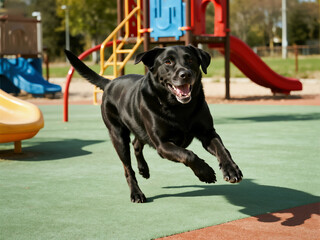 Black Labrador dog running on the playground, wide-angle lens shooting with bright colors and clear details.
