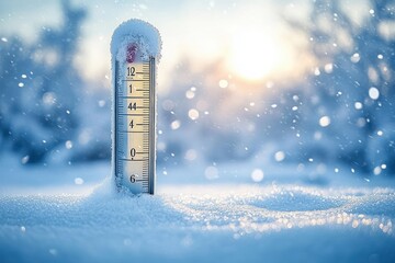Close-up of a frost-covered thermometer in snowy landscape with soft sunlight and falling snowflakes, conveying cold winter atmosphere