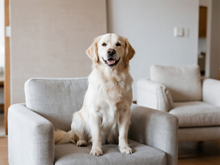 A happy golden retriever sits on a grey armchair in a modern living room.