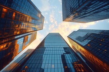 Looking up at tall modern glass skyscrapers reflecting golden sunset light against a partly cloudy blue sky