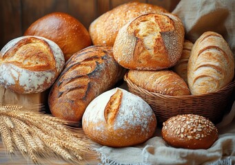 Assortment of freshly baked artisan bread loaves with crispy crusts and golden brown hues arranged with wheat stalks on rustic wooden surface and linen cloth