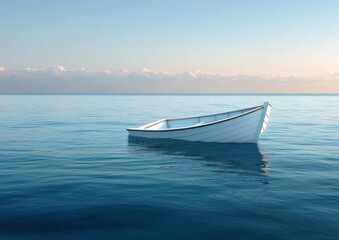 Naklejka premium White wooden boat floating peacefully on calm blue ocean water under a clear sky with soft clouds at horizon, evoking serenity and solitude