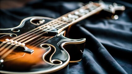 Close up of a mandolin resting on a dark fabric surface with a shallow depth of field