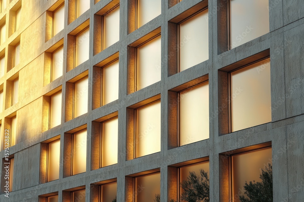 Poster modern building facade with large reflective square windows showing warm golden sunlight and faint r