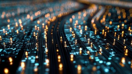 Closeup view of an intricate digital highway where binary code transforms into a dynamic data flow. The interplay of light and dark tones highlights the complexity of information transmission