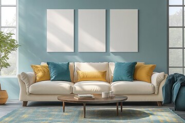 Bright and cozy living room with cream sofa adorned with mustard yellow and teal cushions, wooden round coffee table, large windows, potted plant, and three blank wall canvases