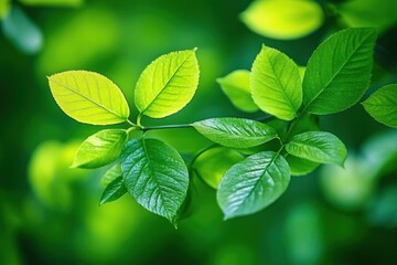 Fototapeta premium Close-up of vibrant green leaves illuminated by soft light against a blurred natural background, evoking freshness and growth