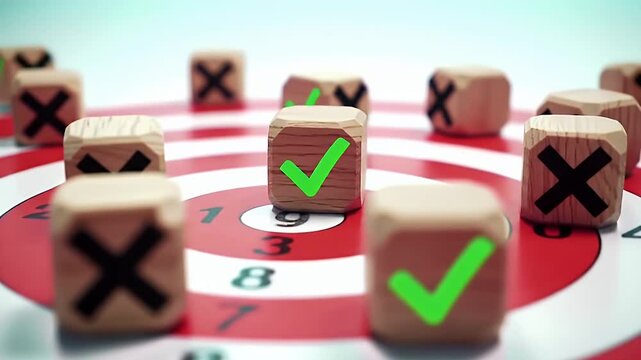 Target with Wooden Cubes Marked with Green Ticks and Black Crosses on White Background Business Decision and Choice Concept Focus on Accuracy and Goal