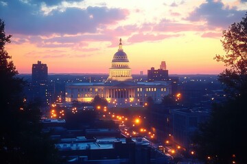Illuminated capitol building at sunset with city lights glowing against a colorful sky, framed by silhouetted trees on either side, evoking a tranquil and majestic atmosphere