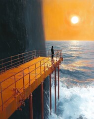 silhouette of a person standing on a rusty orange pier overlooking the ocean with waves crashing below under a bright sun and orange sky
