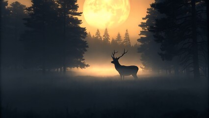 A silhouette of a deer standing in a foggy forest under a large bright moon light