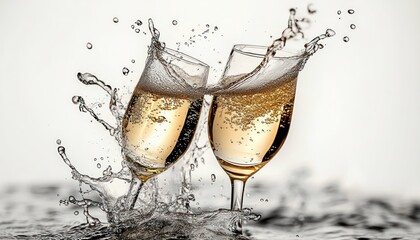 Two glasses filled with sparkling golden liquid clink together with splashing droplets captured mid-air, suggesting celebration and joyful mood