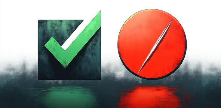 Textured green check mark inside a black square next to a red circle with a diagonal slash on a reflective surface with a gradient background