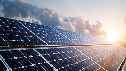 Photovoltaic (PV) solar panels installed on a roof at golden hour, concept of renewable energy - Powered by Adobe