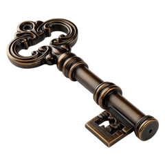 An ornate bronze skeleton key with a decorative handle is isolated on transparent background, casting a subtle shadow