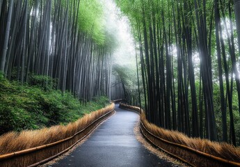 Curved pathway leading through a dense bamboo forest with tall green bamboo stalks and sunlight filtering through the canopy, creating a serene and peaceful atmosphere