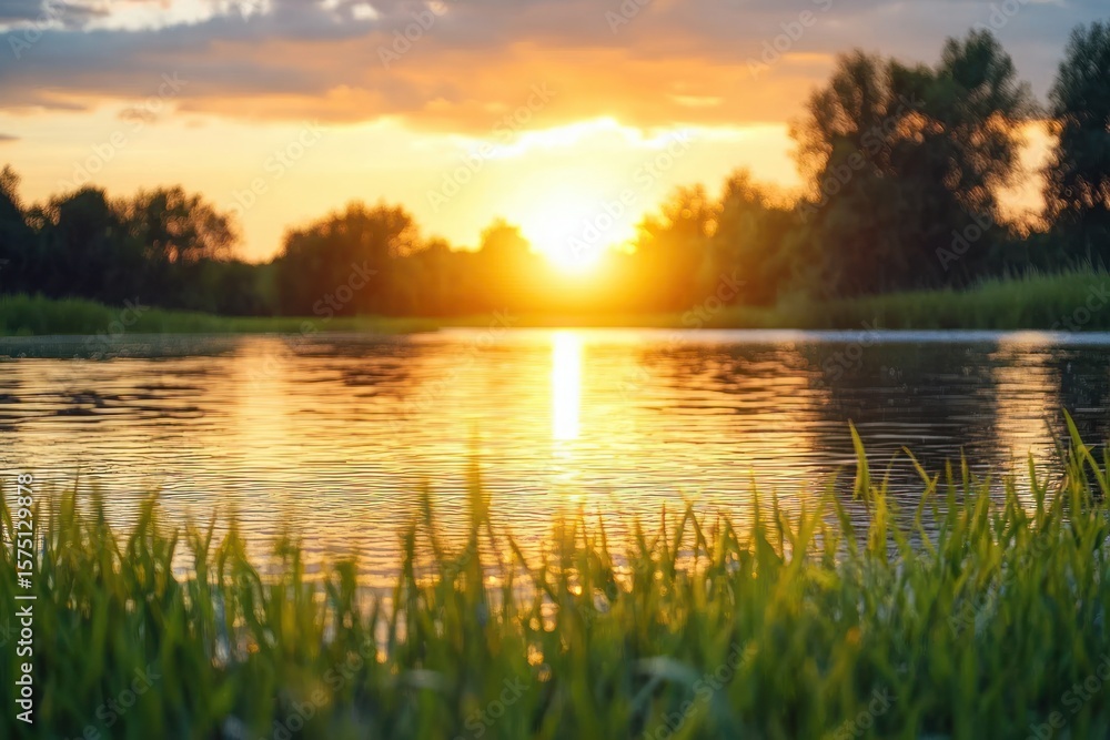 Poster golden sunset over calm river with trees in background and grass in foreground creating a peaceful n
