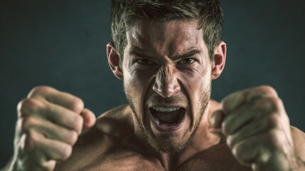 Fototapeta premium Captivating image of a man in a moment of fierce concentration fists clenched and voice raised in determination representing the hard work and discipline of serious athletes. Great