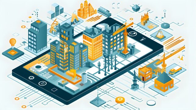 Isometric illustration showcasing a smartphone displaying a miniature city with construction elements.
