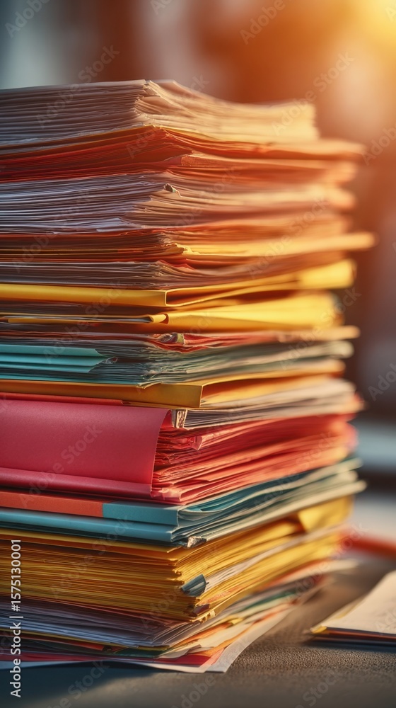 Poster a disorganized stack of colorful folders and scattered documents glimmers in the warm sunlight visua