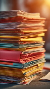 Fototapeta A disorganized stack of colorful folders and scattered documents glimmers in the warm sunlight visualizing the struggle of office employees seeking balance between productivity and