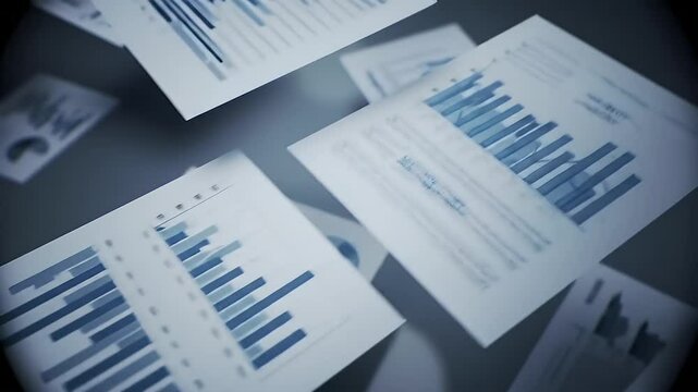 Various Analytical Charts and Data Graphs Scattered on a Glossy Light Blue Table Financial Analysis and Business Strategy with Dynamic Presentation