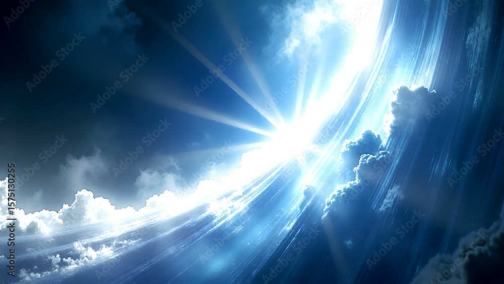 Wall mural a bright sunburst shines through dramatic clouds with a curved light streak effect, creating a cosmi
