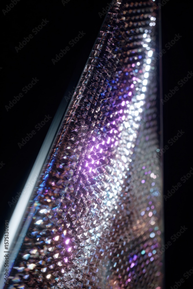 Poster close up shot of a reflective surface with a geometric pattern and iridescent colors on a dark backg