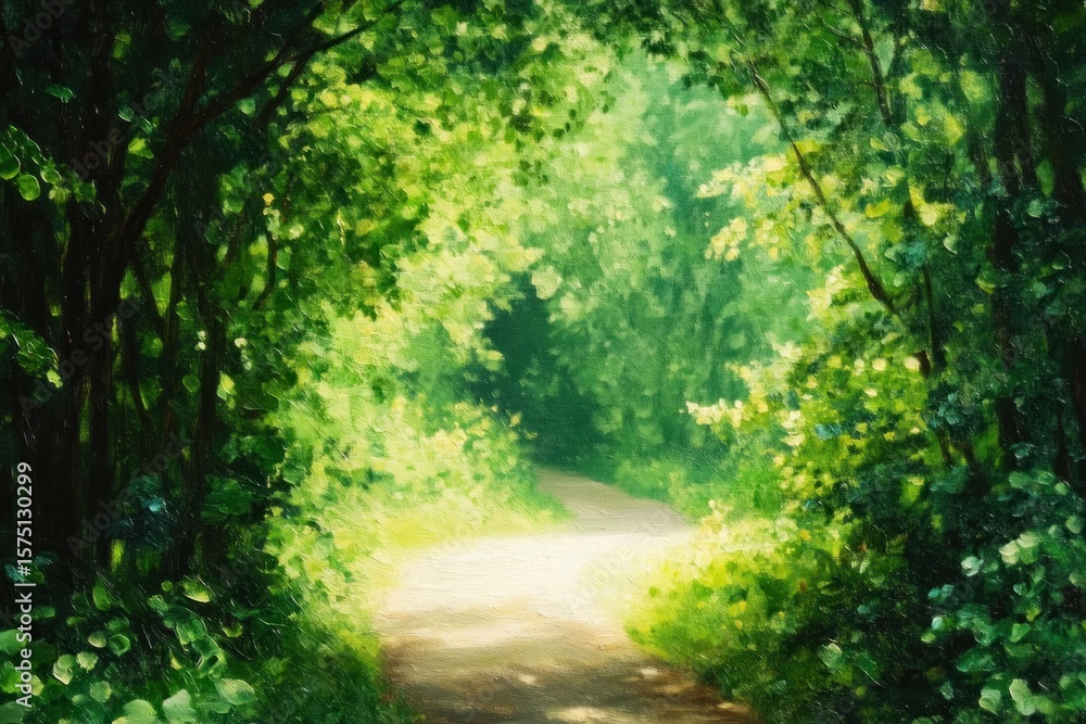 Poster sunlit forest pathway surrounded by dense green trees and foliage creating a peaceful and inviting n