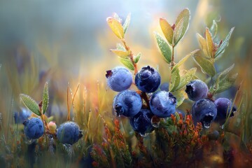 Close up shot of fresh blueberries on a branch with leaves and dew drops in a natural setting