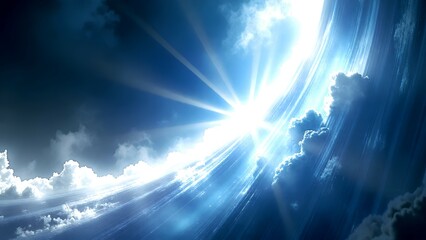 A bright sunburst shines through dramatic clouds with a curved light streak effect, creating a cosmic, ethereal atmosphere in a deep blue sky.
