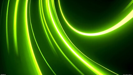 Abstract green curved lines with glowing neon light effects on a dark background, creating a dynamic and futuristic visual.