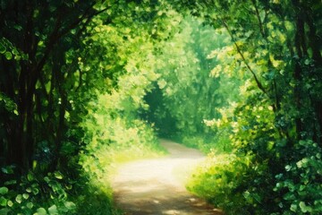 Sunlit forest pathway surrounded by dense green trees and foliage creating a peaceful and inviting natural tunnel