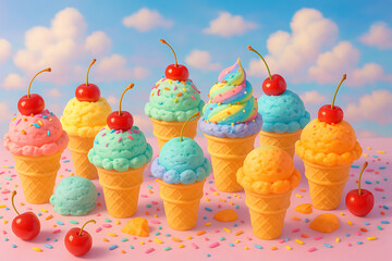 Rainbow colored soft serve and scoop cones with cherries and sprinkles under candy clouds celebration of childhood joy for national hot fudge sundae day