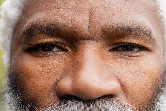 Senior African American man showing fine facial wrinkles in garden with green foliage