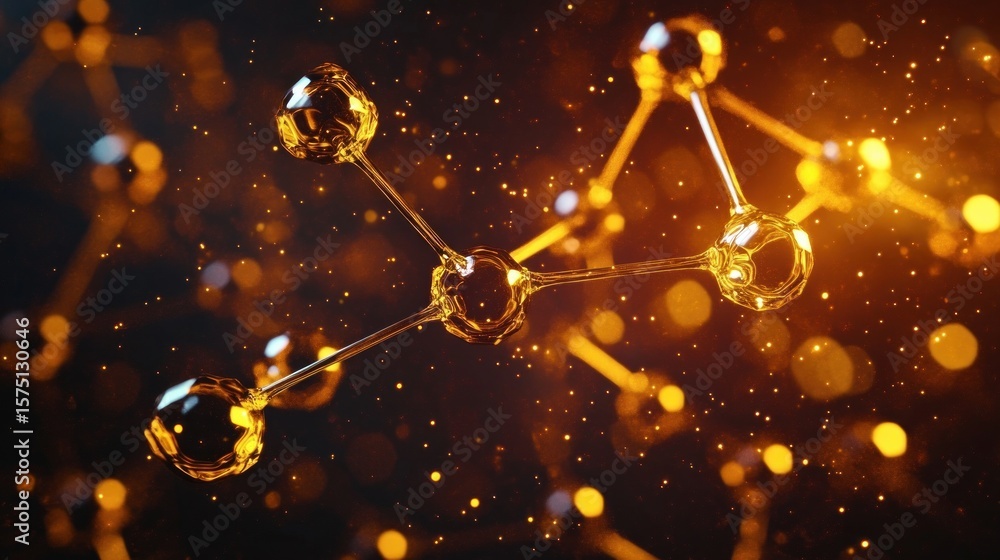 Poster close-up visualization of a glowing molecular structure with interconnected spherical atoms emitting
