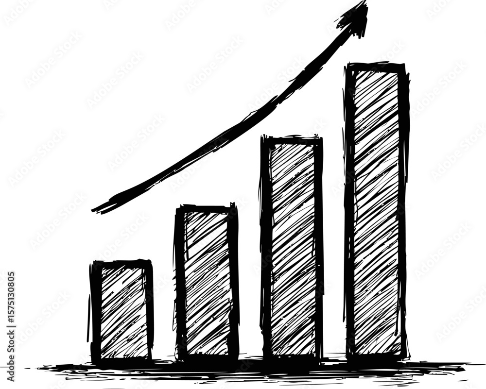 Poster bar graph sketched in black with upward arrow showing growth concept