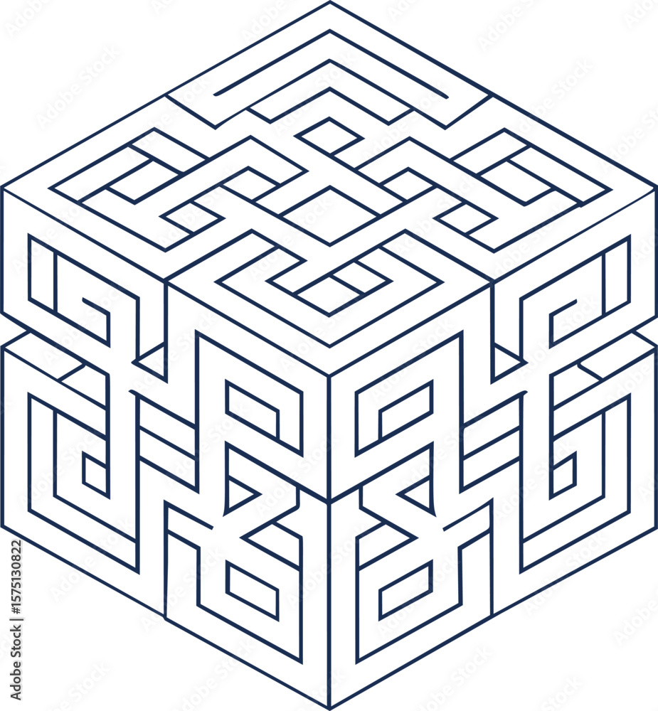 Poster isometric cube with complex blue maze pattern in 3d design concept