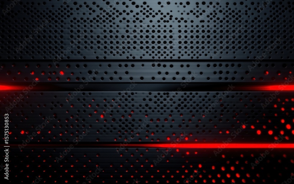 Poster black perforated metal surface with scattered holes illuminated by horizontal red glowing light line
