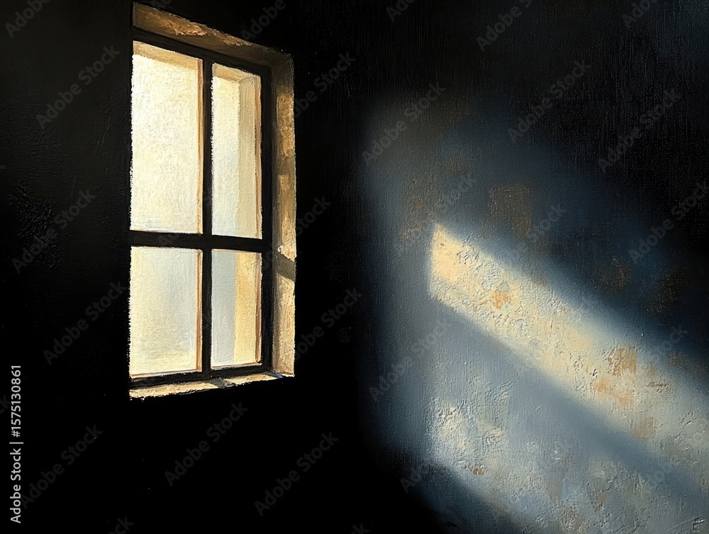 Poster sunlight streaming through a small window casting light and shadow on a textured dark wall inside a 