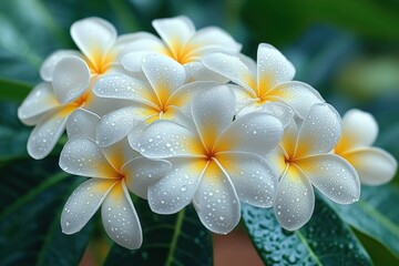 Fototapeta premium Close-up of fresh white and yellow plumeria flowers covered with water droplets surrounded by green leaves