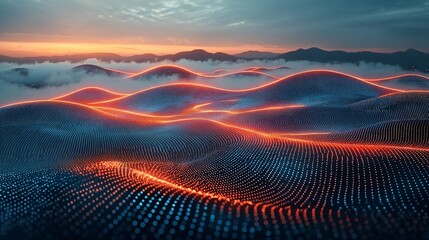 Abstract digital landscape, glowing hills, clouds, sunrise