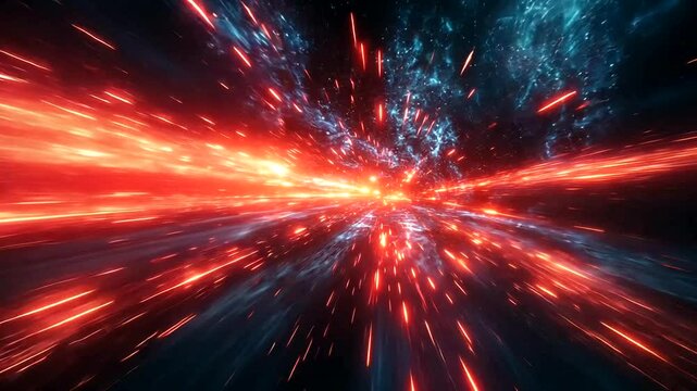 Abstract hyper space jump with red and blue light trails creating a warp speed effect