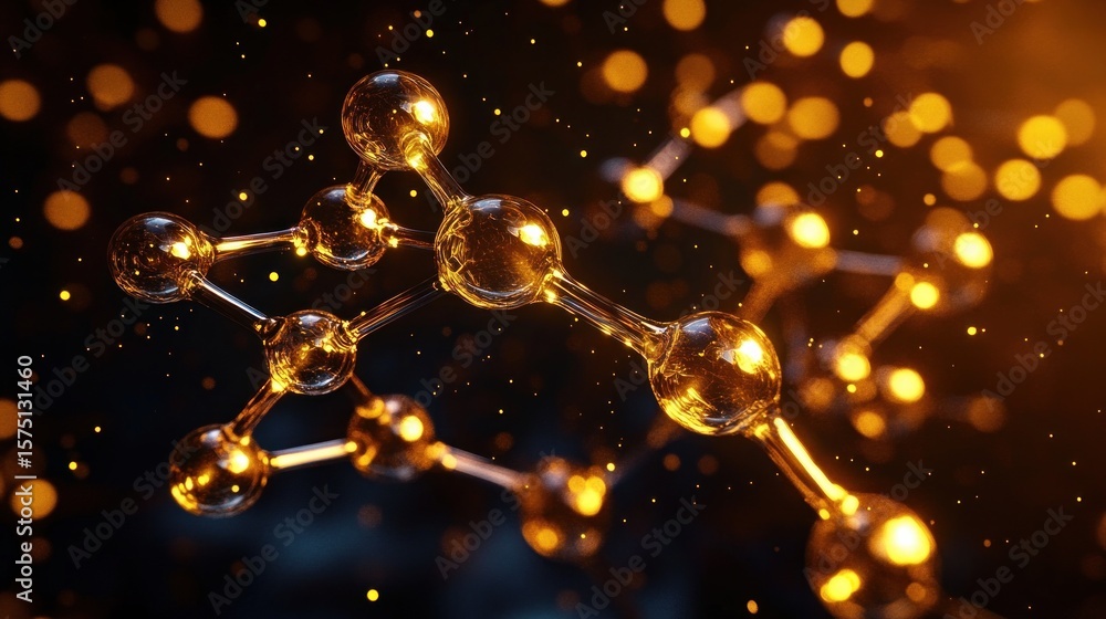 Aufkleber close-up of a glowing molecular structure with interconnected spherical atoms and bonds in a warm, g