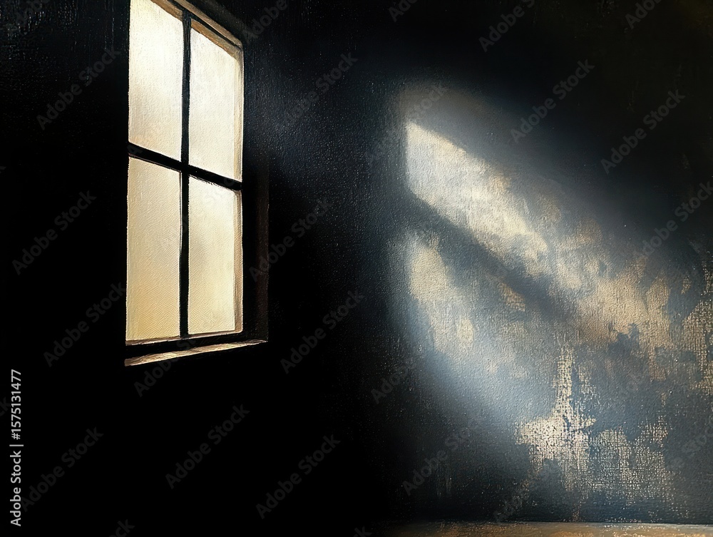 Poster soft warm light streaming through a window casting shadow and illuminating a dark textured wall, cre