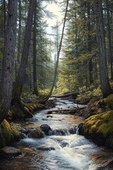 Obraz premium Serene forest scene with a flowing stream surrounded by tall trees and lush green moss, capturing the peacefulness of nature in soft daylight
